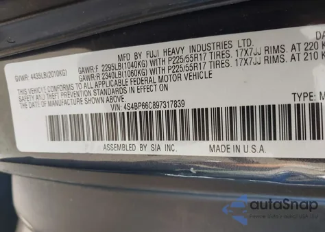 2009 Subaru Outback 2.5I Limited from USA, damaged, VIN 4S4BP66C897317839